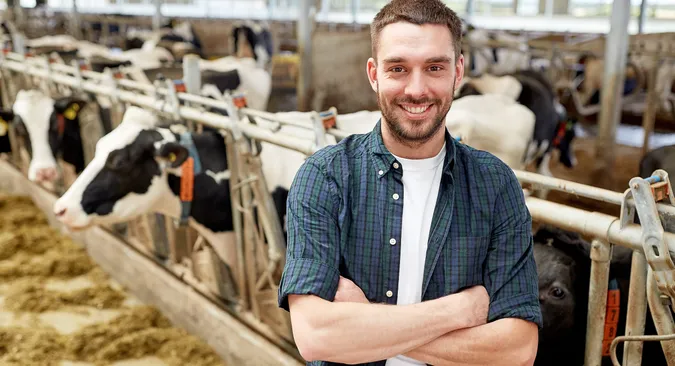 Zufrieden steht der junge Landwirt im Kuhstall